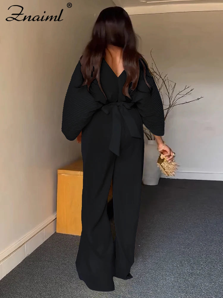 Znaiml Pleated Blouse V Neck Full Sleeve and Wide Leg Pants Women Loose 2 Pieces Sets Elegant Office Ladies African Outfits 2025