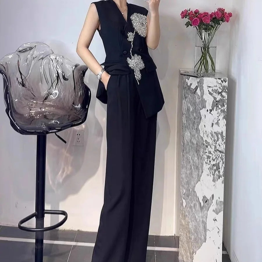 Beaded Luxury Double Breasted Vest Jacket Two Piece Set for Women
