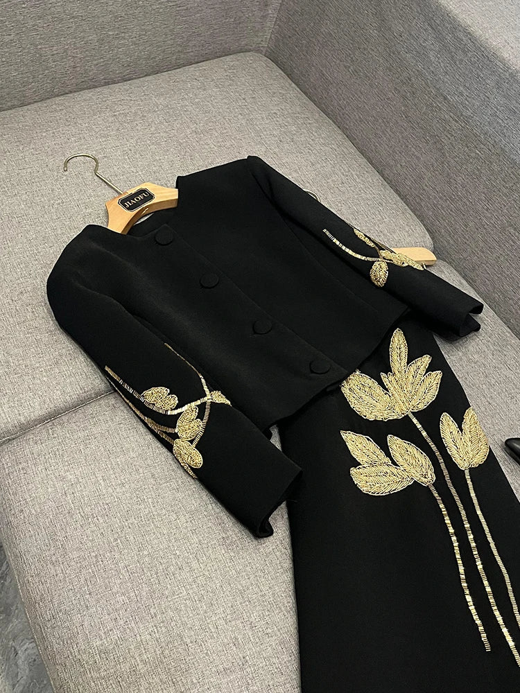 TWOTWINSTYLE Embroidery Two Piece Set For Women O Neck Long Sleeve Spliced Button Top High Waist Skirt Chic Sets FemaleKSE511331