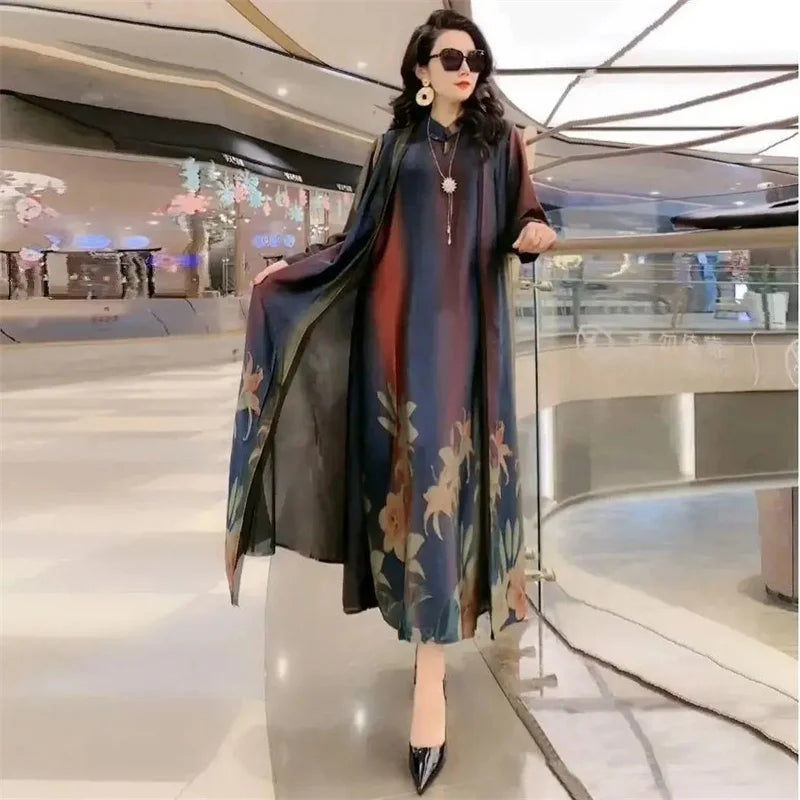 Middle Aged Mother Dress Suit Summer Casual Fashion Printing Two Piece Suits Long Dress Suits Women Temperament Dress Sets 729