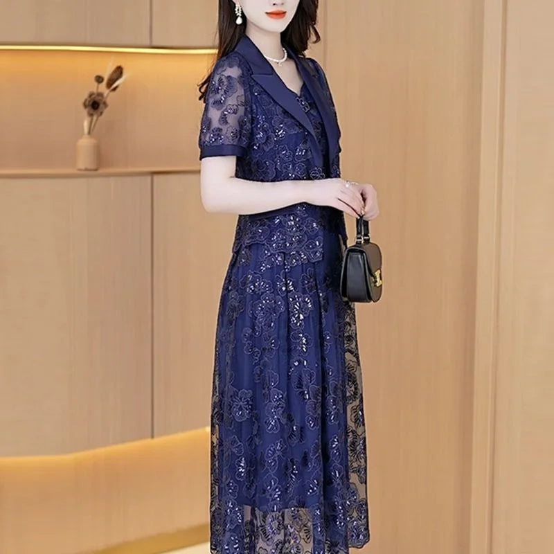 Lace Dress Women's High end Luxury Lady Two Piece Sets Silk Dress Suit Jacket And Dress 2023 Summer Waist Slim Long A-line Dress