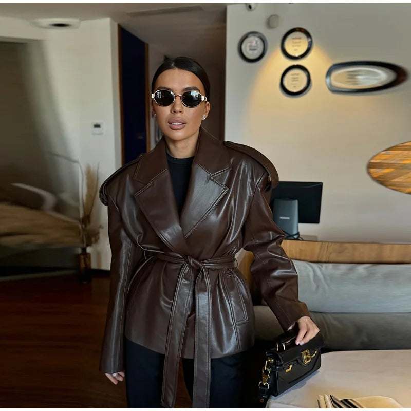 2025 Autumn Women's Jacket Vintage Laple Brown PU Leather Belt Pockets Jackets Female Fashion New Winter Loose Lady Streetwears
