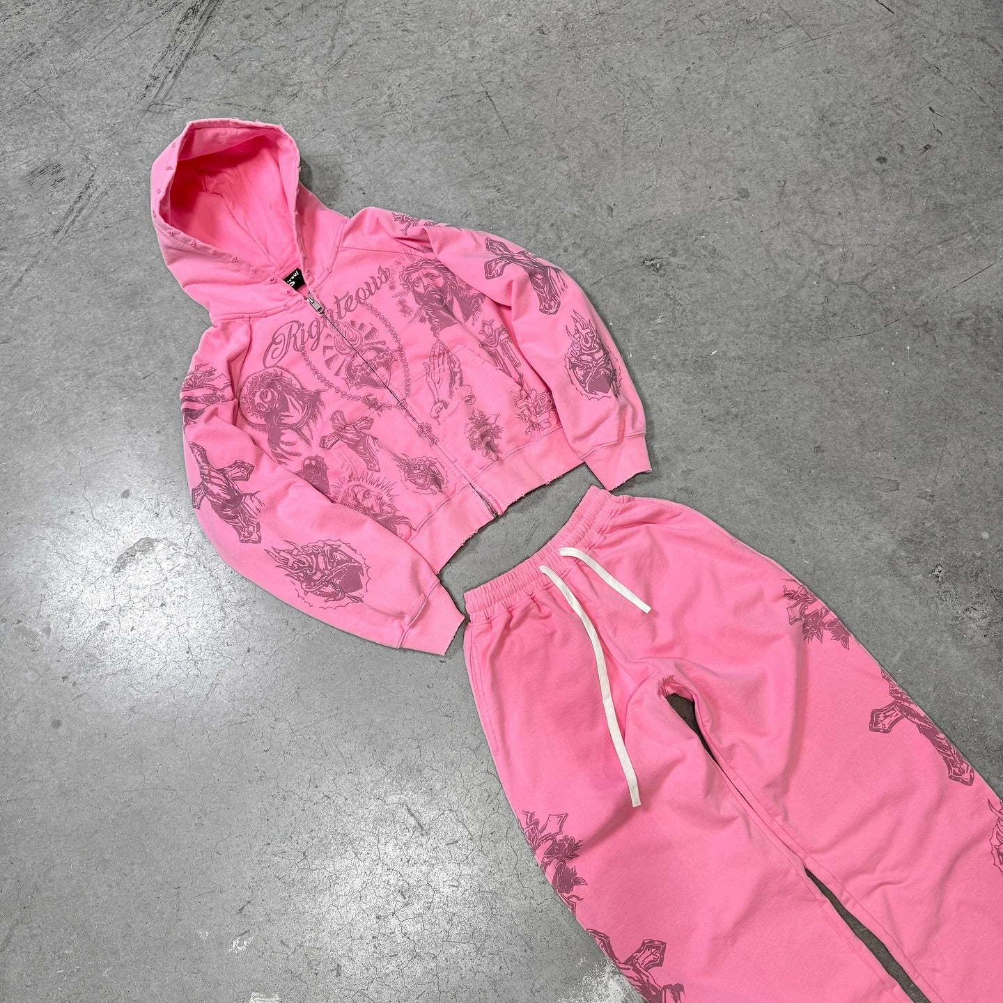 Tatted Believer Cropped Zip Up Sweatshirt and Sweatpants 2-piece Set Y2k Harajuku Men Women Tracksuit Hoodie Running Pants Suit