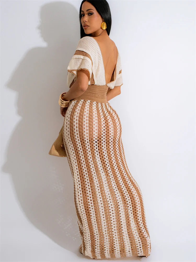 Wmstar Women Two Piece Set Sexy Elegant Knitted Crochet Beach Stripe Crop Tops Long Skirts Matching Set Holiday Birthday Outfits