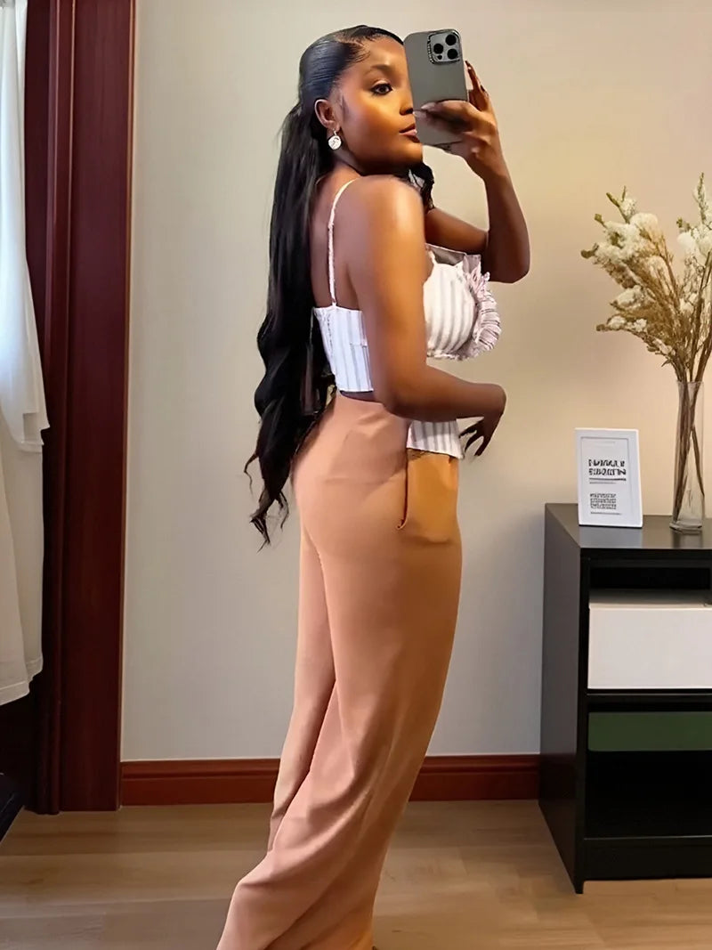 CM.YAYA Fashion Women's Set Striped Strap Floral Applique Crop Top and Wide Leg Pants Suit 2025 Two 2Piece Sets Outfit Tracksuit