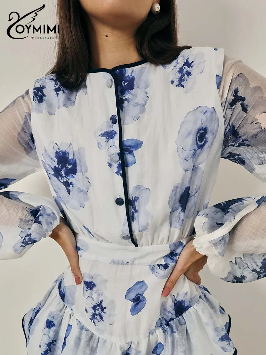Oymimi Elegant Blue Print Women's Dress Fashion O-Neck Long Sleeve Patchwork Button Dresses Casual High Waist Ruffled Skirts Set