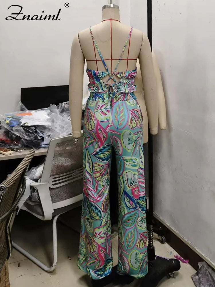 Znaiml Summer Vacation Halter Backless Crop Top and Wide Leg Pants Woman Floral Print Two Piece Set Boho Beach Club Outfits 2025