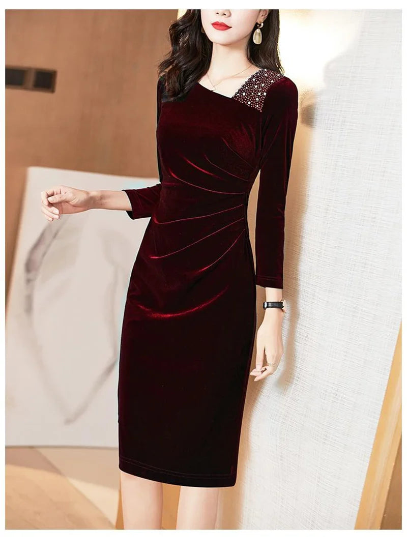 Golden Velvet Dress For Women Spring And Autumn New Fashionable Long Sleeve Dress Velvet Thickened Hip Wrap Dress Nail Bead