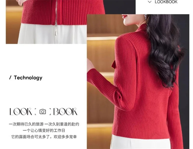Fashion Zipper Short Knitted Cardigan Sweater 2025 Spring Autumn New Korean Versatile Coat Top Turn-Down Col Sweater Solid Color