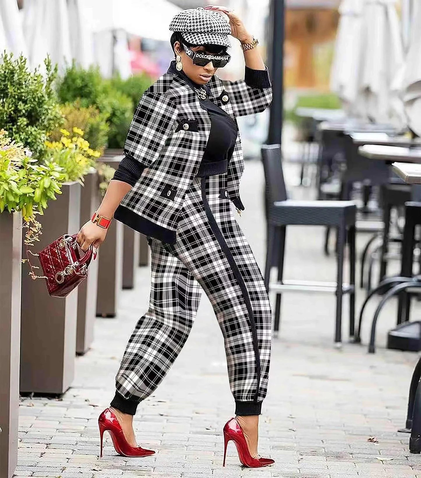 CM.YAYA Houndstooth Patchwork Two 2 Piece Set for Women Vintage Fitness Outfits Jacket + Pants Set Streetwear Tracksuit