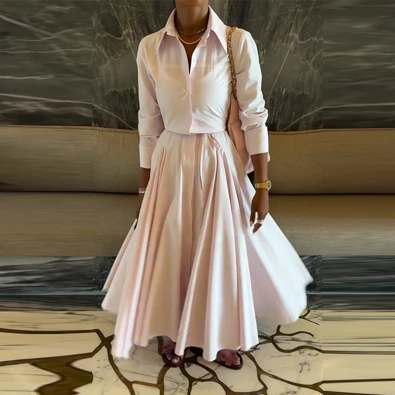 Solid Women's Casual Pleated Long Dress Fashion Lapel Full Sleeve Button Maxi Dress Lady 2025 Early Autumn Chic Street Robes