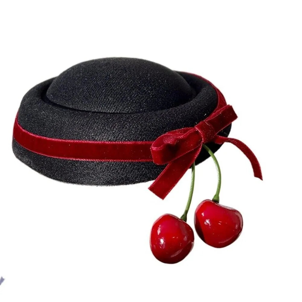 Velvet Beanie Hat With Bow Clip Cherry Accent