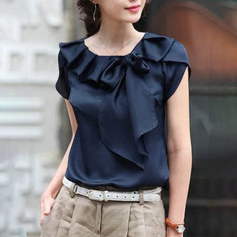 ZANZEA Women Short Sleeve Blouse Elegant Round Neck Tunics Office Lady Bowknot Stitching Shirt Casual Loose Solid Twisted Tops
