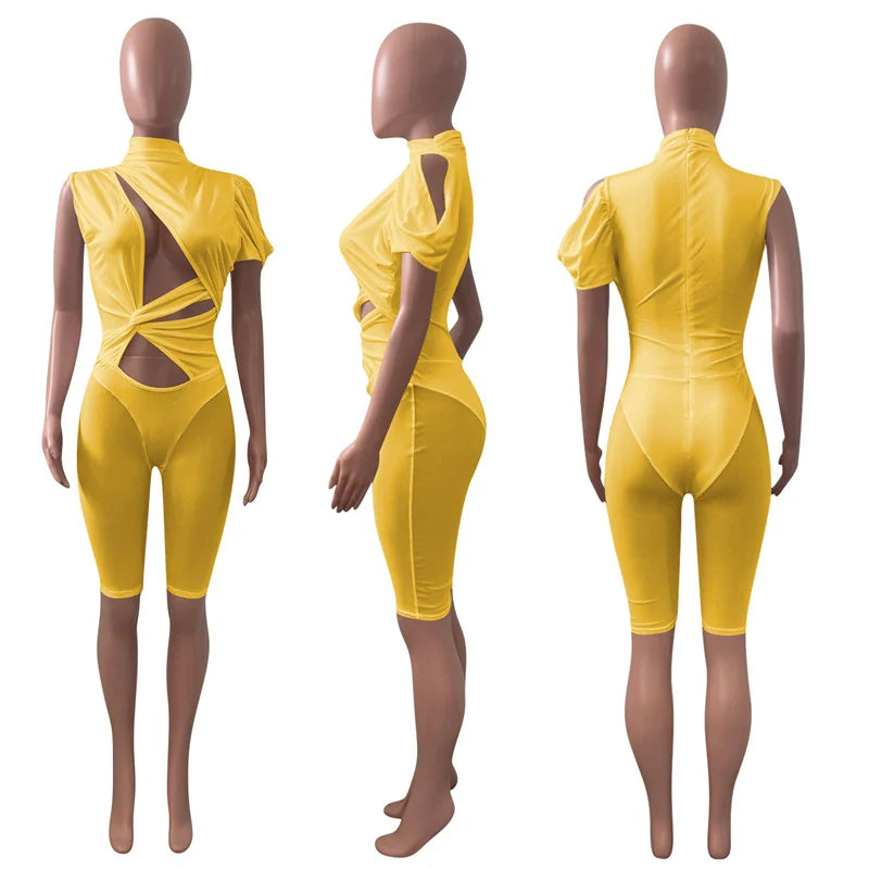Sexy Mesh Patchwork See Through Skinny Playsuit Women One Shoulder Draped Hollow Out One Piece Rompers Party Club Jumpsuit Short