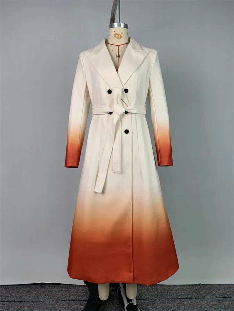 Beautyblue Fashion Women Gradient Outerwear Long Blazer Elegant Loose Tied Waist Buttoned A-Line Woolen Coat for Office Commute