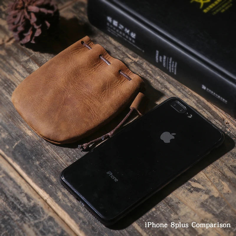 LUOKIR Men's Genuine Leather Coin Purse Simple Vintage Small Card Bag Women's Cowhide Wallet Keys Money Drawstring Storage Bags