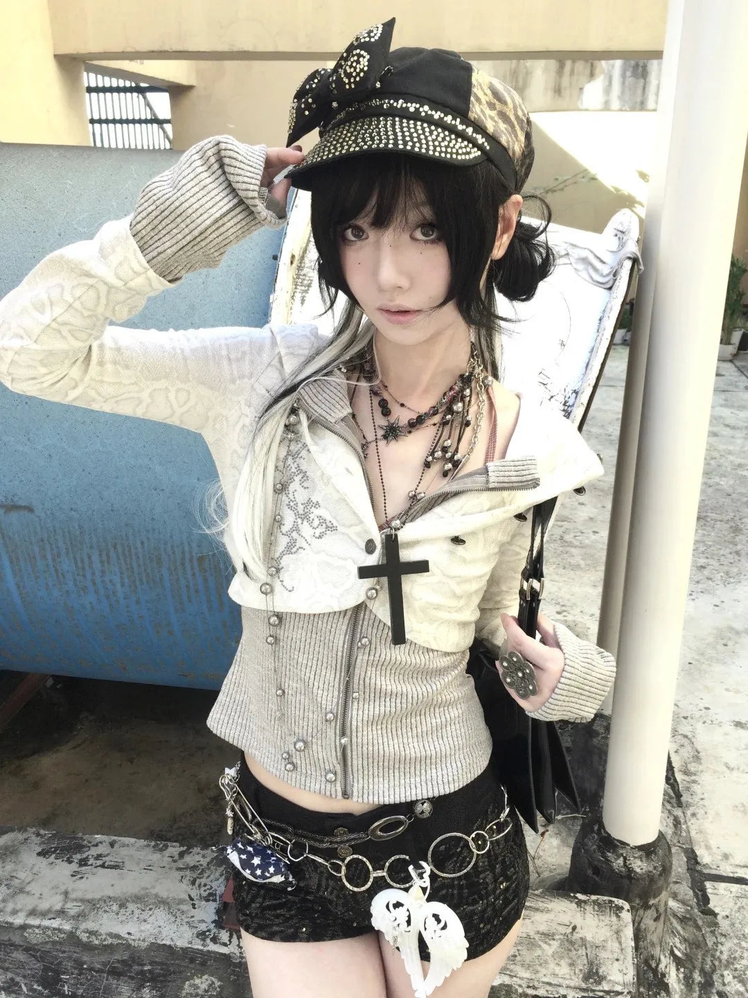 Karrram Japanese Y2k Fake Two-piece Knitted Tops Trashy 2000s Hooded Jacket Vintage Harajuku Knitwear Grunge Aesthetics American