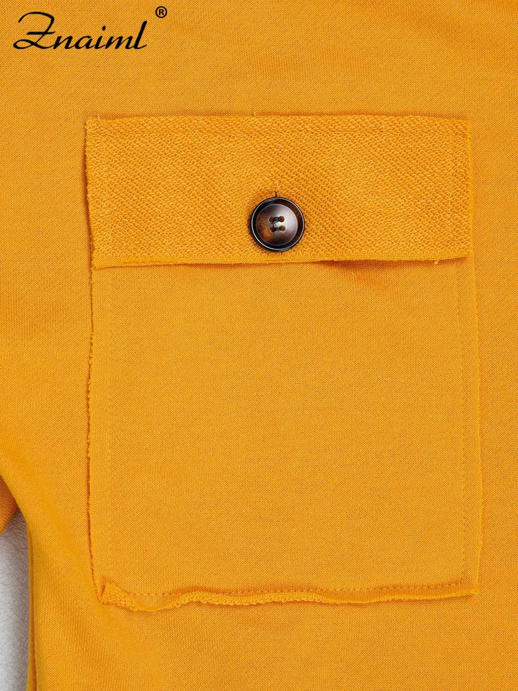 Znaiml Women's Long Sleeve Pocket Jumpsuit Casual Loose Wide Leg Pants Orange Shirt Rompers One Piece Autumn Streetwear Outfit
