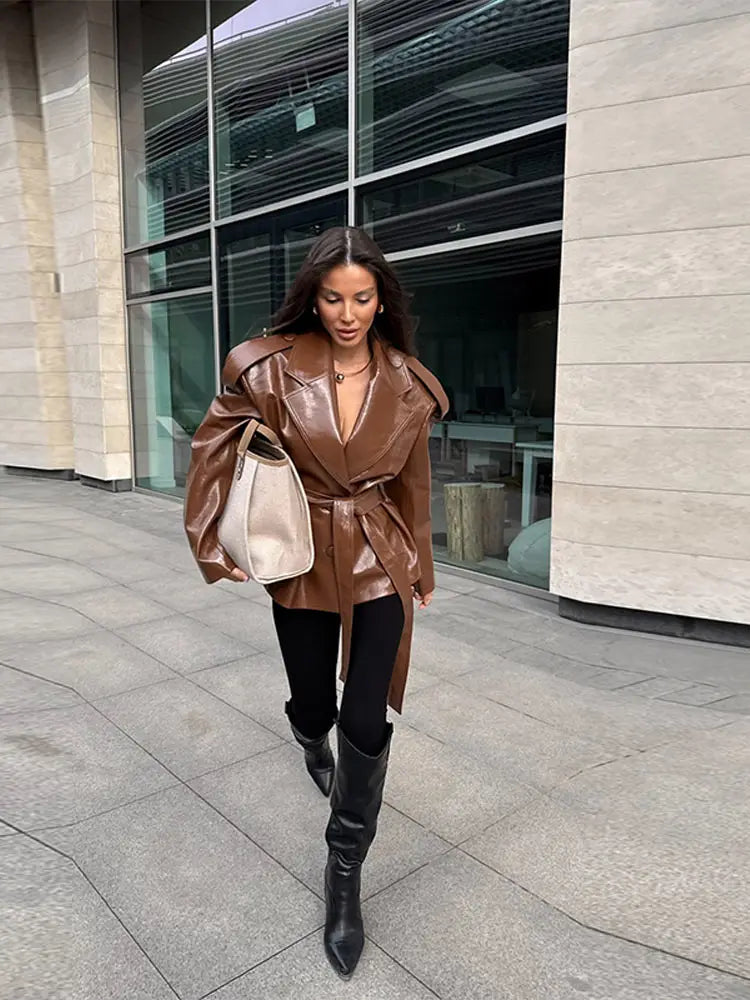 2025 Autumn Women's Jacket Vintage Laple Brown PU Leather Belt Pockets Jackets Female Fashion New Winter Loose Lady Streetwears