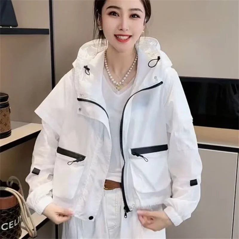 Spring and Autumn Lightweight Sunscreen Clothes for Women's Outdoor Wear 2025 White Hooded Loose Casual Summer Jacket Pink Orang