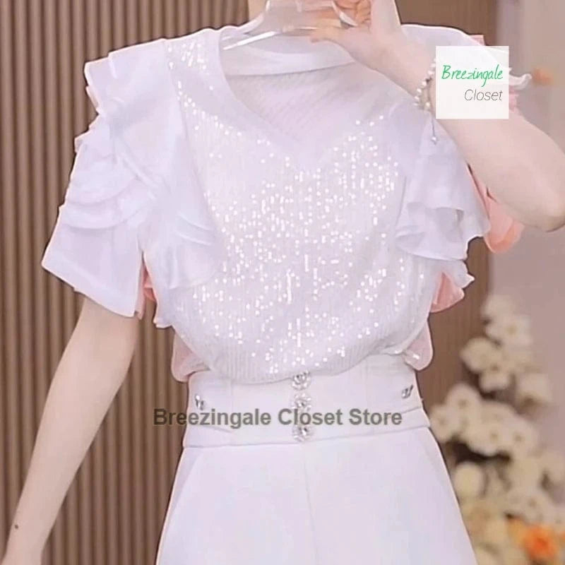 French luxury sequins ruffled chiffon stitching short-sleeved T-shirt women's summer new flower mesh western-style blouse