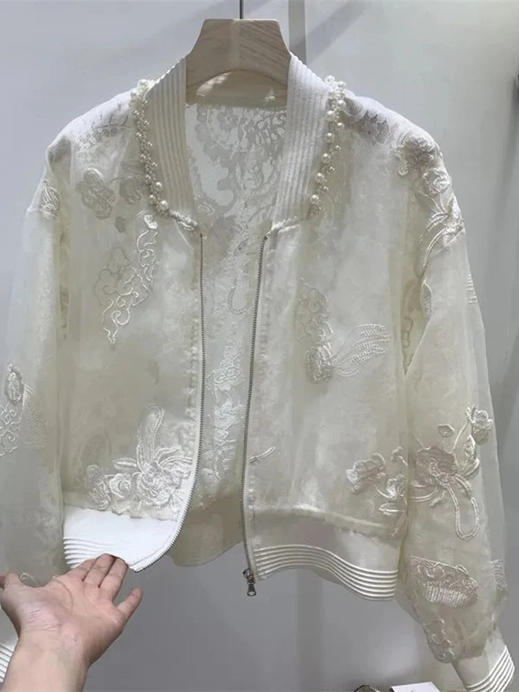 Bead Embroidered Round Neck Baseball Jacket For Women