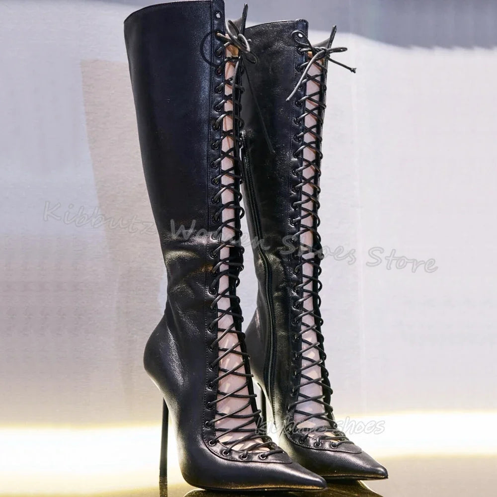 Lace-Up Hollow Knee High Boots Luxury Leather Solid Color Elegant Concise Fashion Sexy Pointed Toe Metal Thin Heels Women Shoes