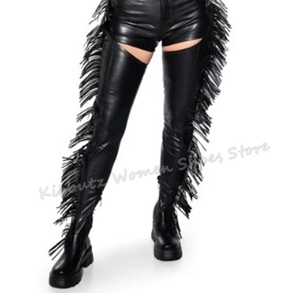 Fringe Belted Thigh High Boot Over The Knee Pointed Toe Thin Heel Side Zipper Solid Color Suede Fashion Novelty Concise Sexy New