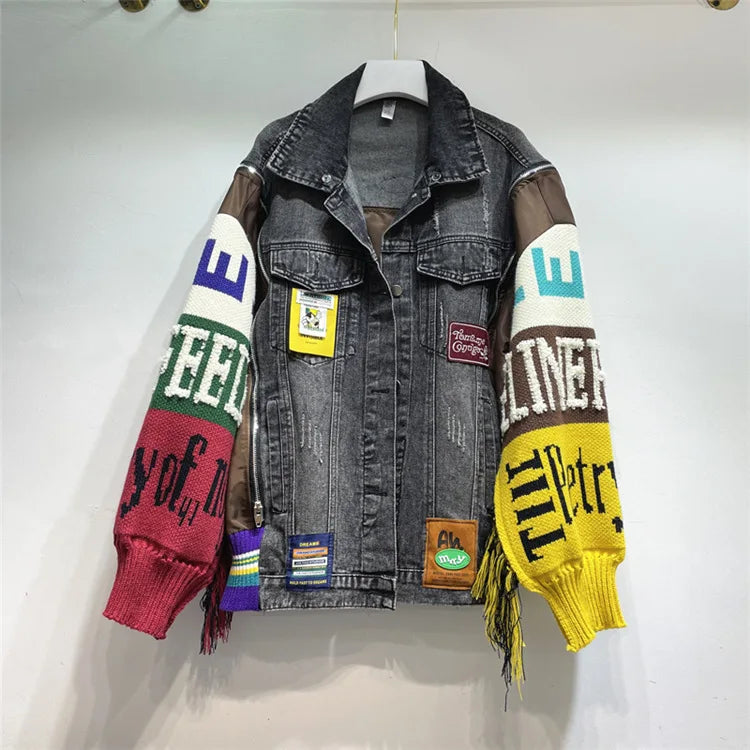 Loose Fit Embroidered Tassel Patchwork Denim Jacket for Women