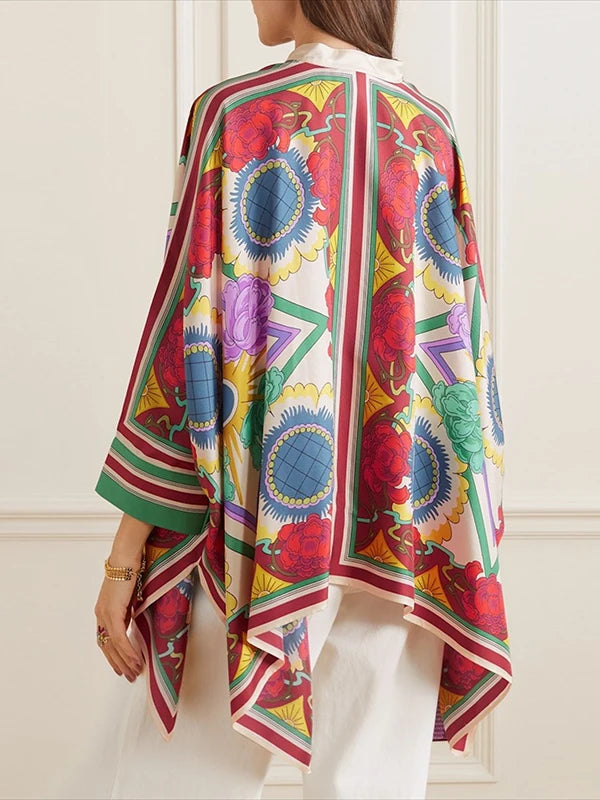 Fashion Stylish Selection Batwing Sleeves Flower Print Stand Collar Blouses Women Spring Summer High-low Buttoned Shirts Tops