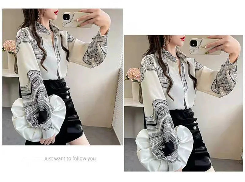 Shirt Women's Design Sense Niche Long-Sleeved Blousers 2025 Spring And Autumn Korean Retro Buttton Chiffon Shirt Top Printed 102