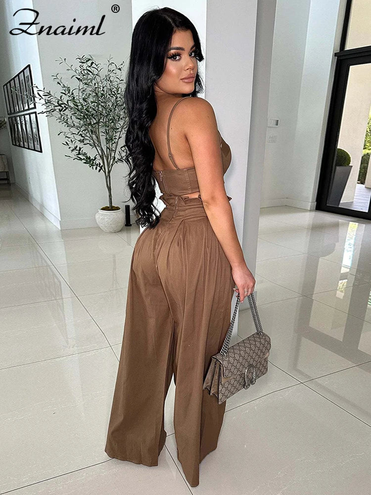 Znaiml Fashion Two 2 Piece Pants Sets Women Clothing Strap Sleeveless Top and Wide-leg Pants Elegant Streetwear Matching Suit