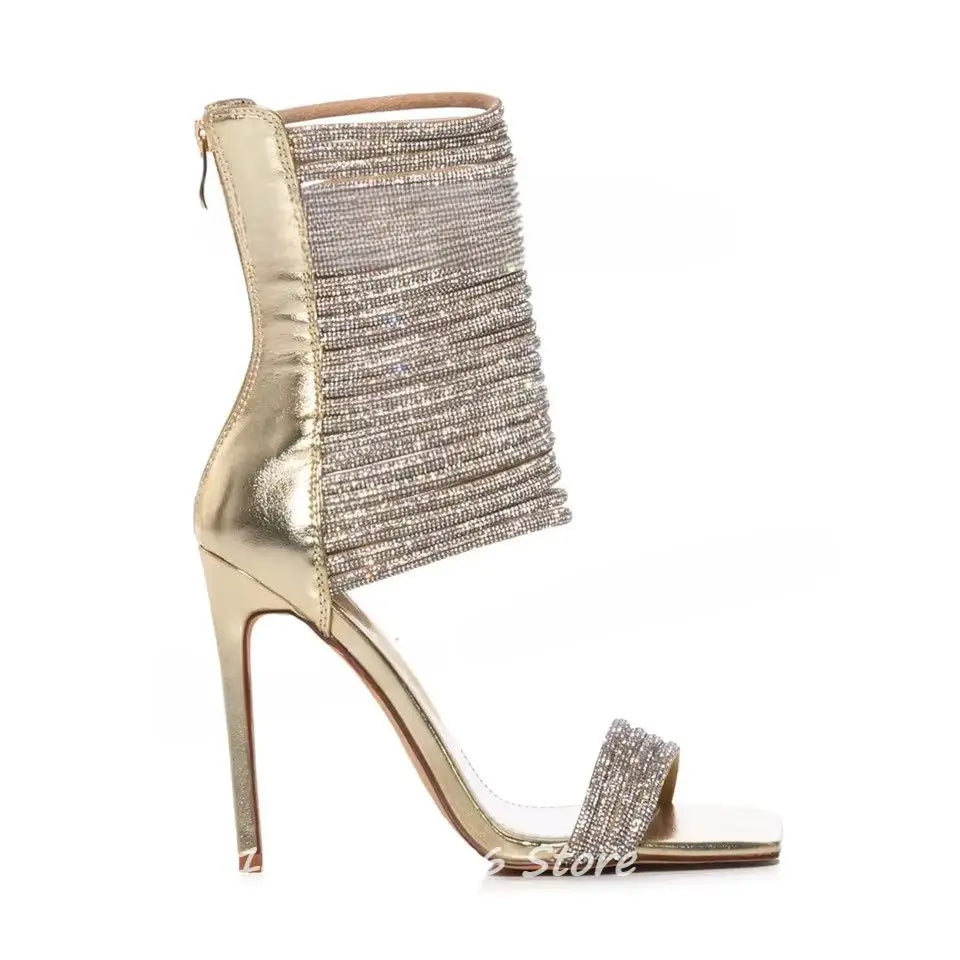 Crystal Strappy Square Toe Stiletto Sandals For Women
