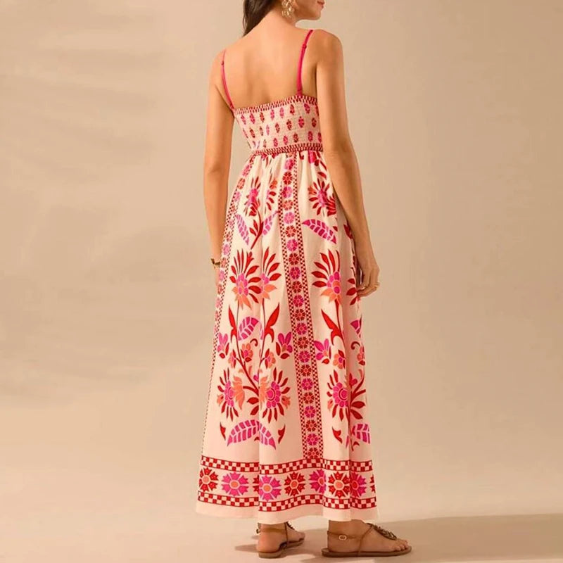 Sexy Women's Off Shoulder Summer Long Dress Casual Bohemian Pleated Sling Dress Graffiti Printed High Waist Beach Dress Vestidos