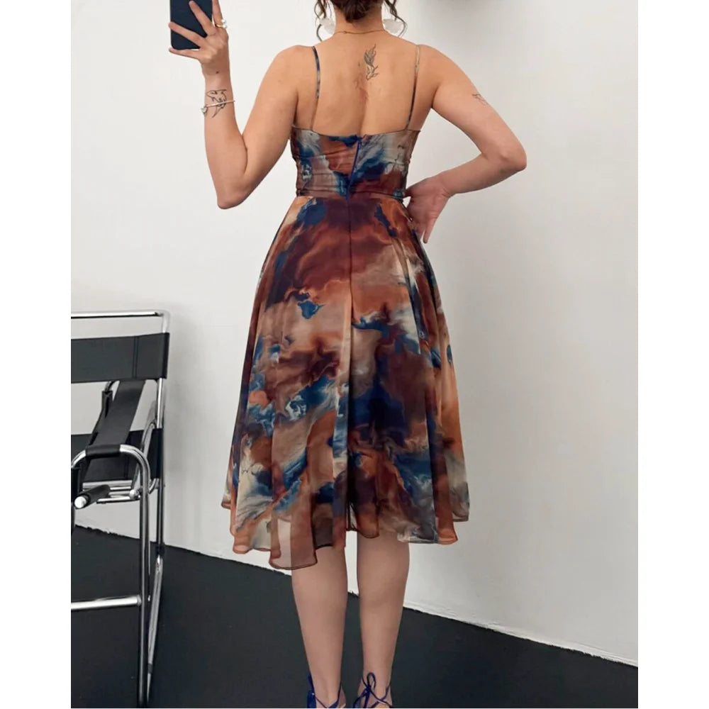 Summer Women Dress Ombre Print Spaghetti Strap Cowl Neck Dress Casual A Line Sheer Mesh Dress for Party Evening Vestidos