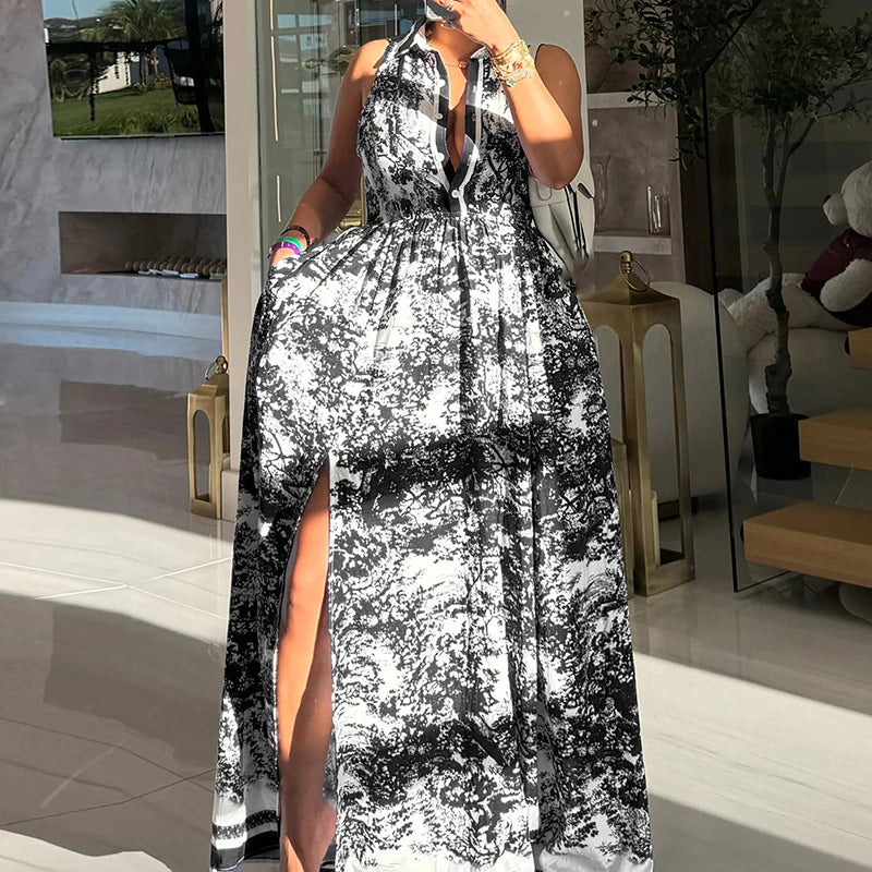 Retro Pattern Printed Button High Waist Dress Casual Women's Lapel Sleeveless Shirt Dress New Summer Fashion Split Beach Dresses