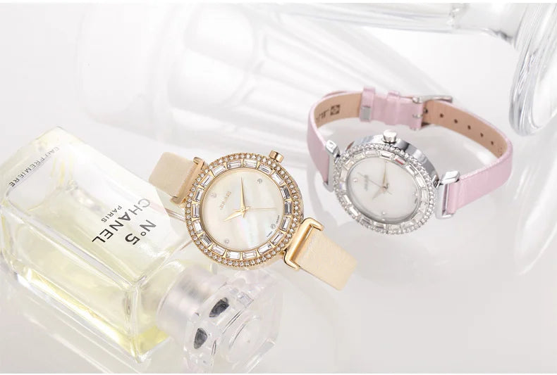 Mother-of-pearl Rhinestones Julius Lady Women's Watch Fashion Hours Bracelet Real Blue Leather Girl's Birthday Gift Box