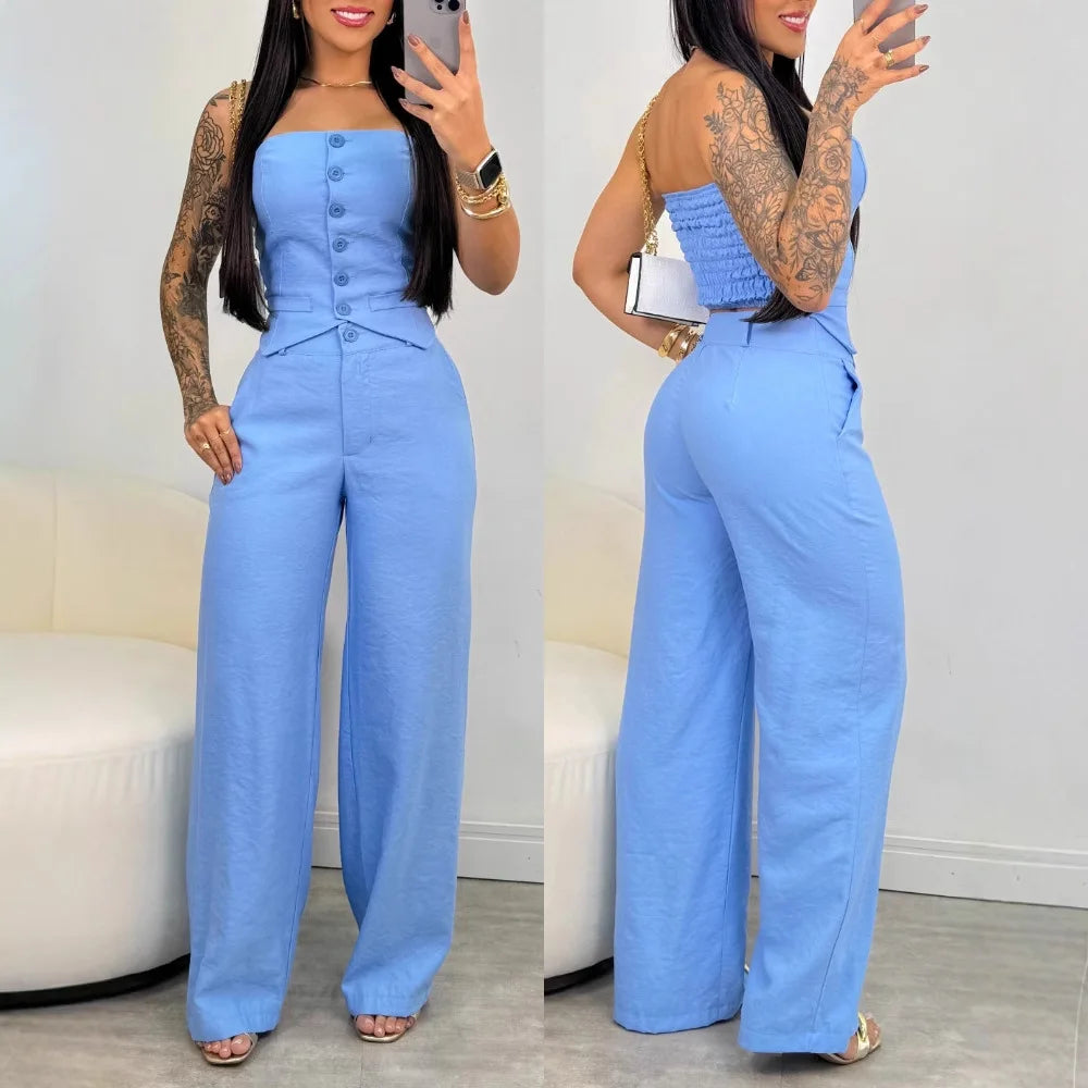 Women Fashion Sexy Summer 2 Pieces Outfit Bandeau Button Decor Vest Top & Casual Wide Leg Pants Set