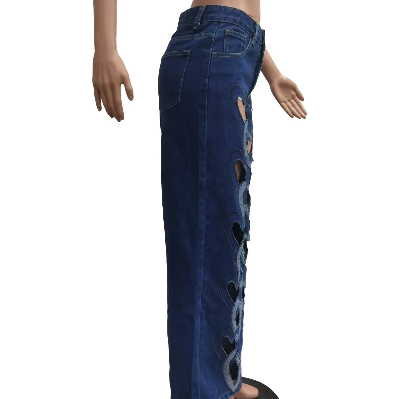 CM.YAYA Women Vintage Cutout Love Hollow Out Cross Straight Denim Pants 2025 Fall Fashion INS High Waist Wide Leg Jeans Trousers