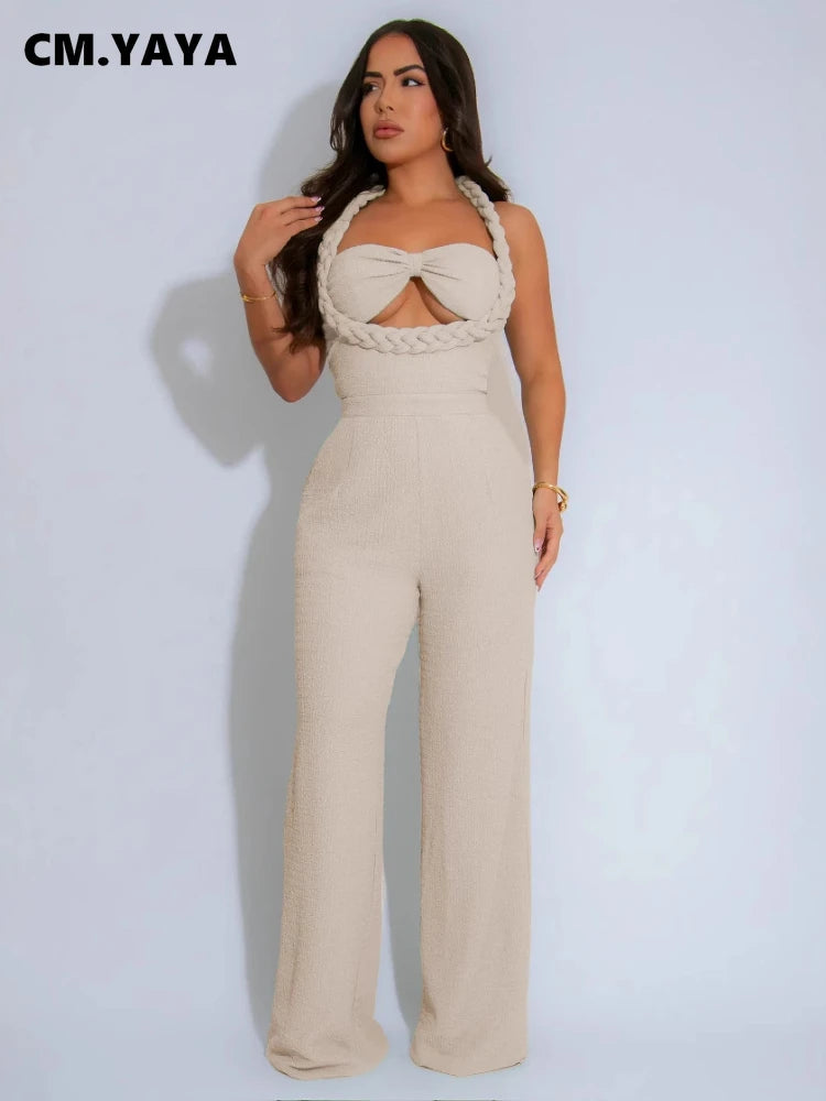 CM.YAYA Women Weave Halter Neck Backless Wide Leg Jumpsuit 2025 Chic Summer Sexy Party Club Night One Piece Suit Playsuit Romper