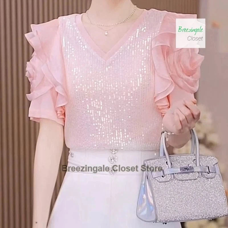 French luxury sequins ruffled chiffon stitching short-sleeved T-shirt women's summer new flower mesh western-style blouse