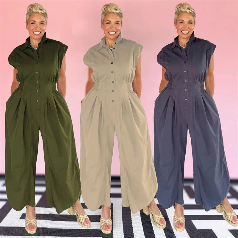 Doyerl Solid Casual Summer Jumpsuit Woman Clothing Turn-down Collar Button Up Sleeveless Loose Rompers One Piece Overalls 2025