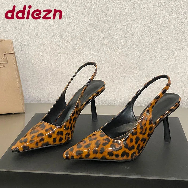 Fashion Pointed Toe Ladies High Heels Sandals Shoes Female Slip On Footwear Leopard Print Women Heeled Sandals Shoes Pumps