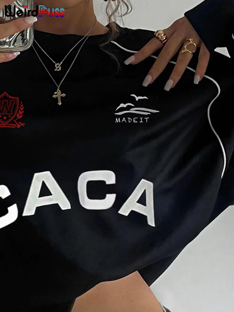 Weird Puss Casual Daily T-Shirts Women Letter Print O-Neck Full Sleeve o-Neck Simple Casual Sporty Wild Street Trend Loose Tees