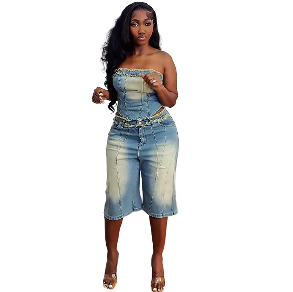 Weird Puss Cowboy 2 Piece Set Women Vintage Hipster Wrap Zip Backless Tube Tops+Button Straight Shorts Sexy Summer Matching Suit