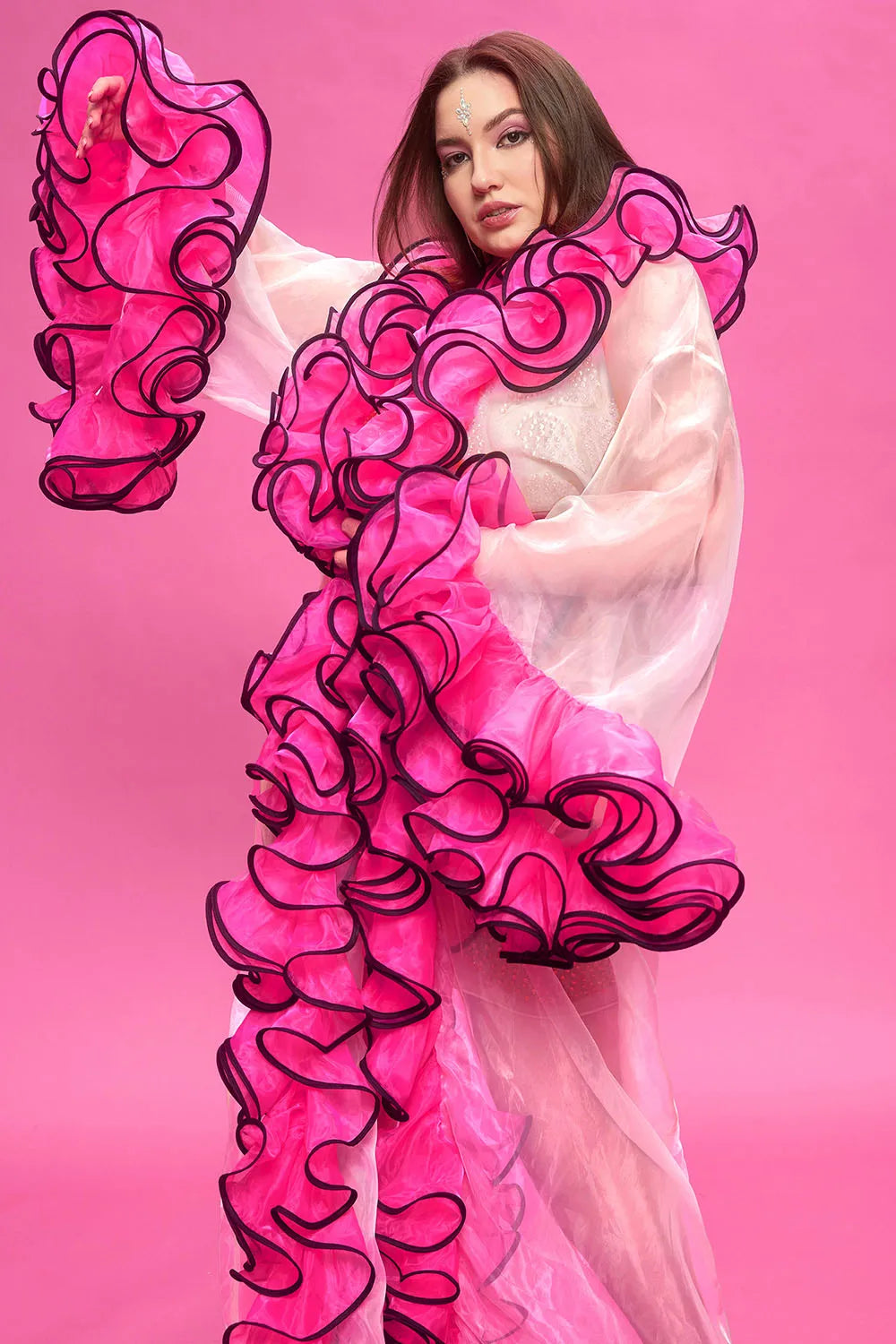 Plus Size Party Pink Autumn Winter Flare Long Sleeve Flounce Organza Cardigans