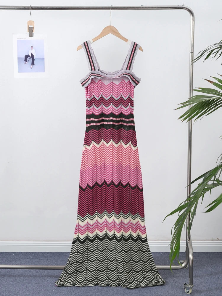 Patchwork Contrast Knitted Women' Dresses Square Collar Backless Sleeveless Bohemian Long Dress Female Summer Lady Beach Robes