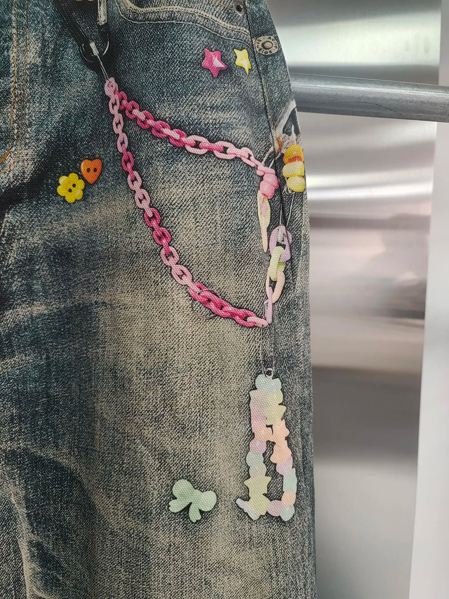VGH Spliced Colorful Beading Chain Jeans for Women High Waist Patchwork Distressed American Retro Spring Trousers Female Style