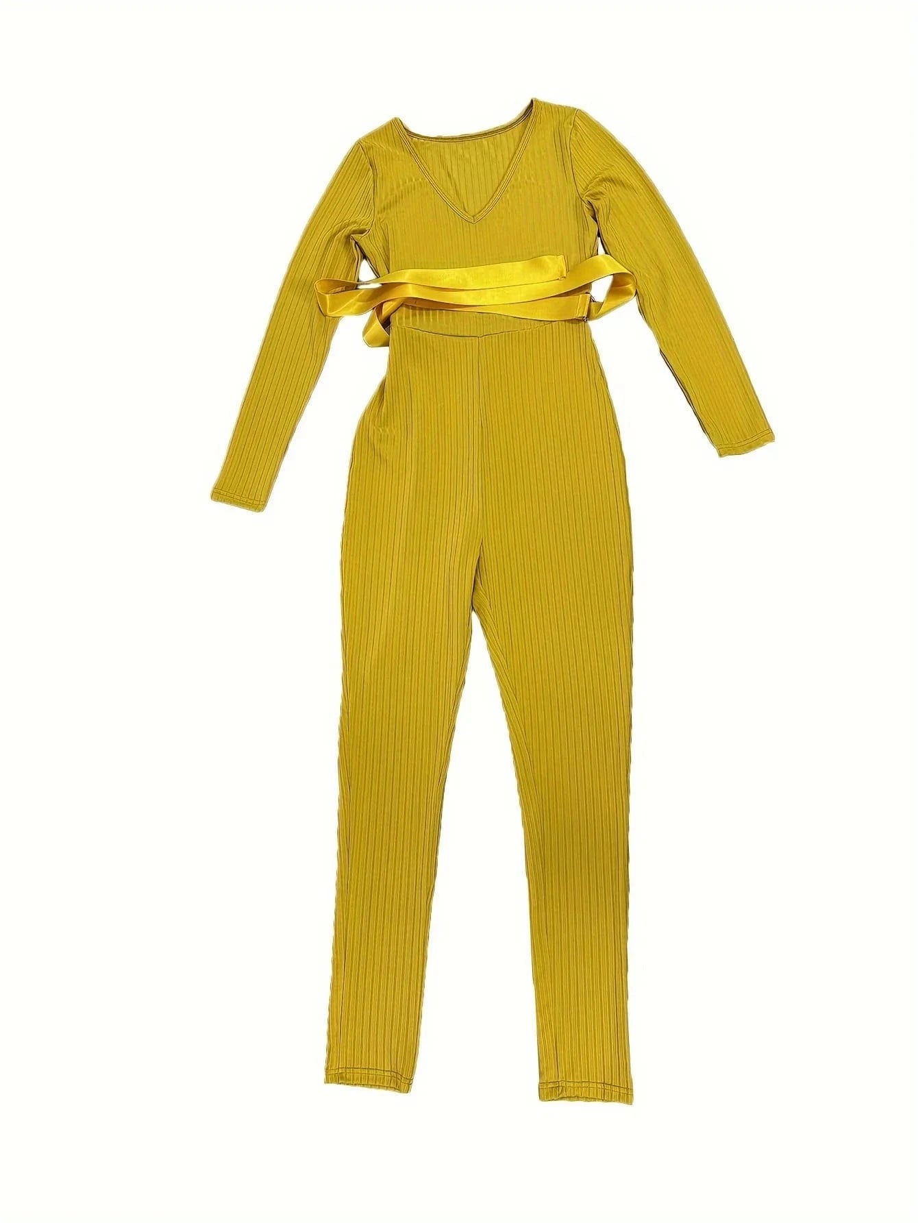 Women Jumpsuits Rompers Ribbed Knitting Skinny Sexy Deep V Neck Long Sleeve Casual Playsuits Club Overalls With Belt