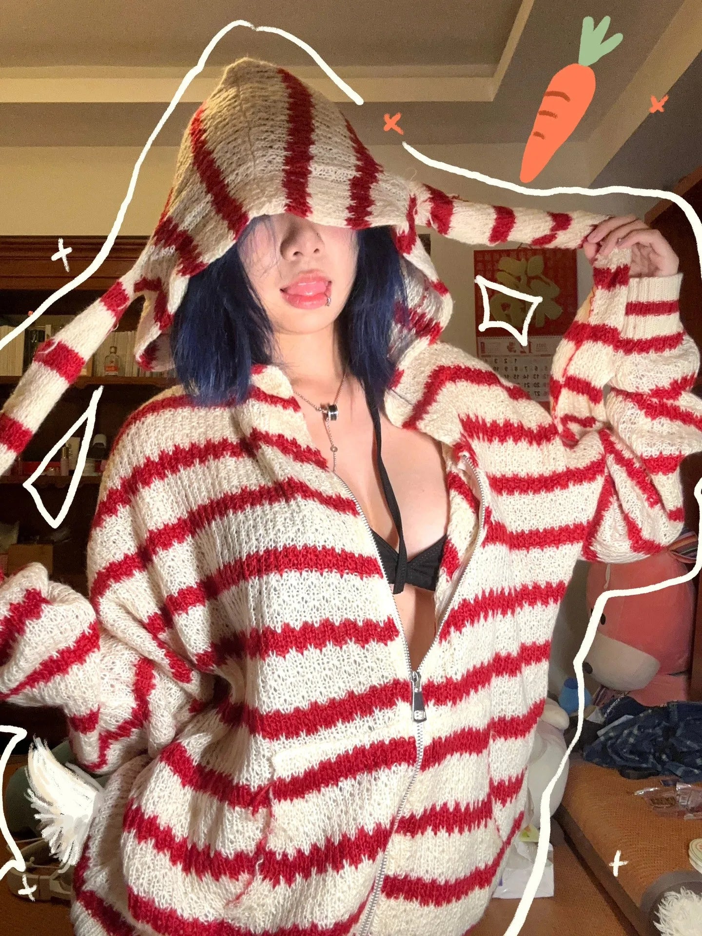 Karrram Japanese Y2k Hooded Cardigan 2000s Aesthetics Rabbit Ears Zipper Knitwear Vintage Harajuku Red Stripe Sweater Grunge